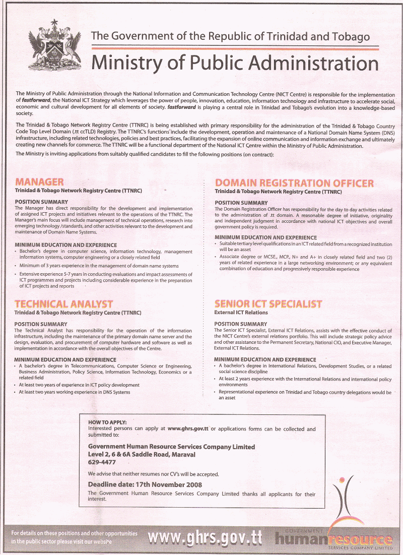 Ministry of Public Administration ad for IT positions in the Trinidad and Tobago Network Registry Centre