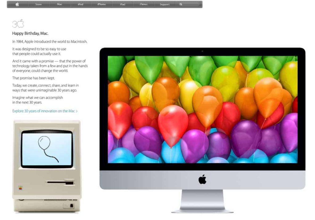 Screenshot of Apple's home page paying homage to the 30th anniversary of the introduction of the Macintosh