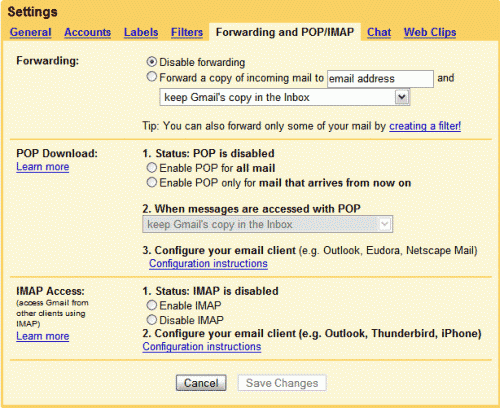 Gmail setting page showing support for POP3 and IMAP