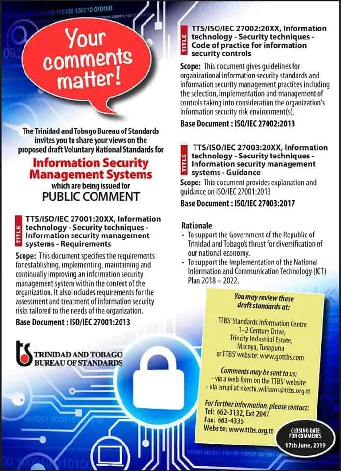 Trinidad & Tobago Bureau of Standards posts draft Voluntary National Standards for Information Security Management Systems for comments