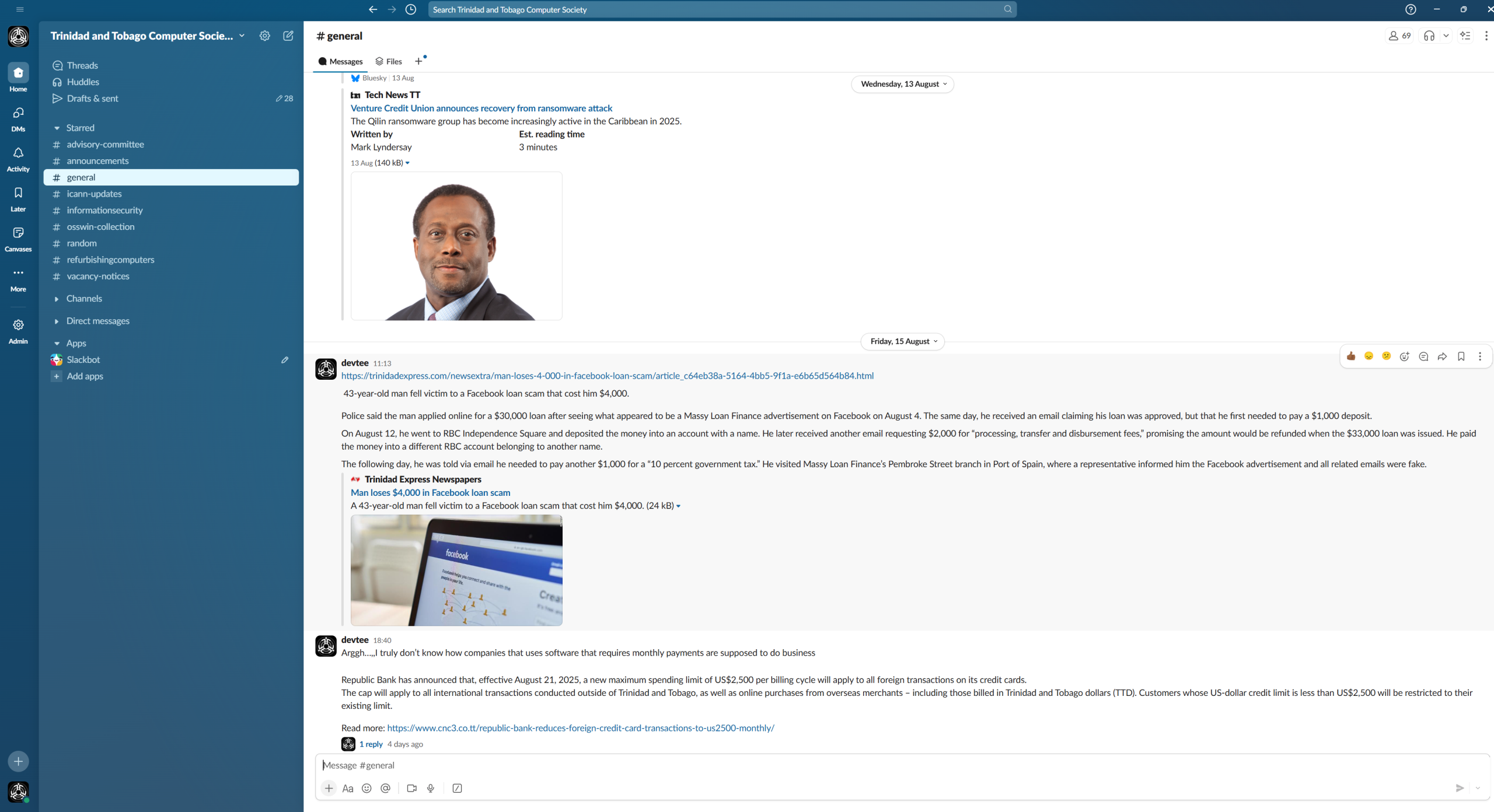 Screenshot of the TTCS's Slack Workspace which allows for group messaging grouped into channels for easier finding and posting of
relevant topics